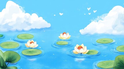 Tranquil water lilies float peacefully in a clear pond under a serene sky
