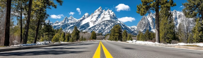 Scenic journey through majestic mountains grand highway landscape photography clear skies eye-level view nature's beauty