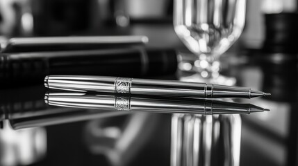 A shiny pen is reflected on a black surface clearly