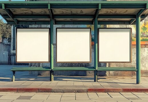 This image shows an empty bus stop with blank billboards and benches, symbolizing potential advertising opportunities.