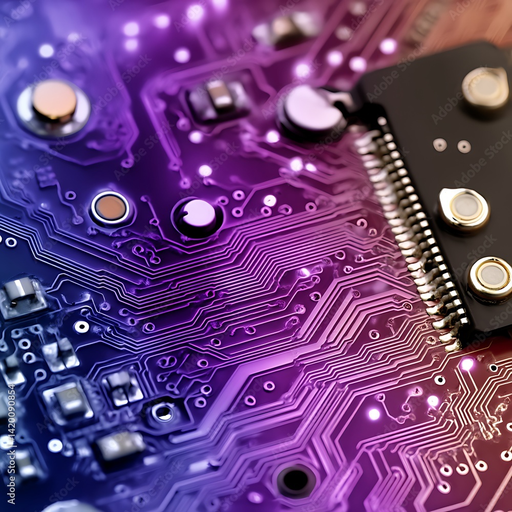 Poster electronic circuit board component and pathway connectivity in technological advancement era.