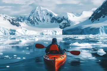 Person kayaking on icy water with snow covered mountains in the background.