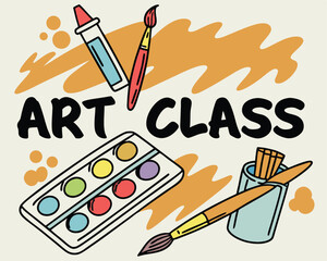 Digital Illustration of Art Class Theme with Paint Supplies and Graffiti Text