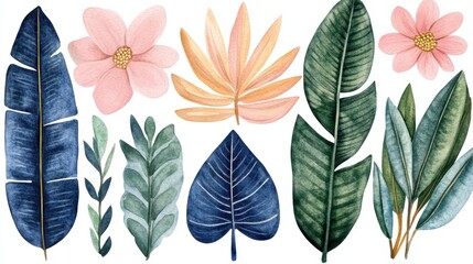 Fototapeta premium Tropical watercolor flora vibrant leaves soft pink blooms dance