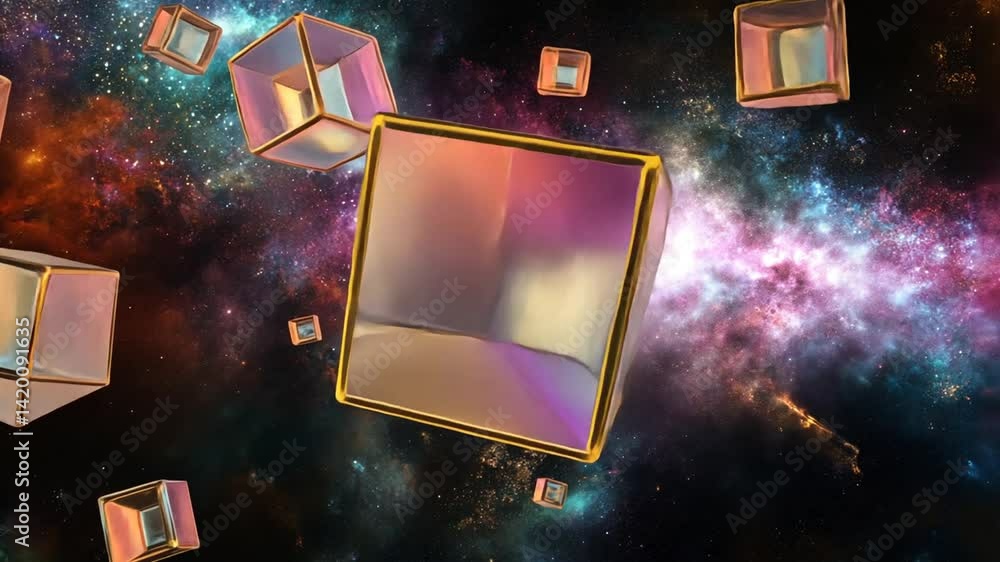 Poster abstract cubes floating across a colorful nebula galaxy backdrop, 3d render