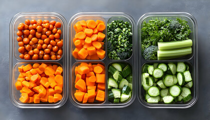Colorful assortment of chopped vegetables in meal prep containers on a gray background