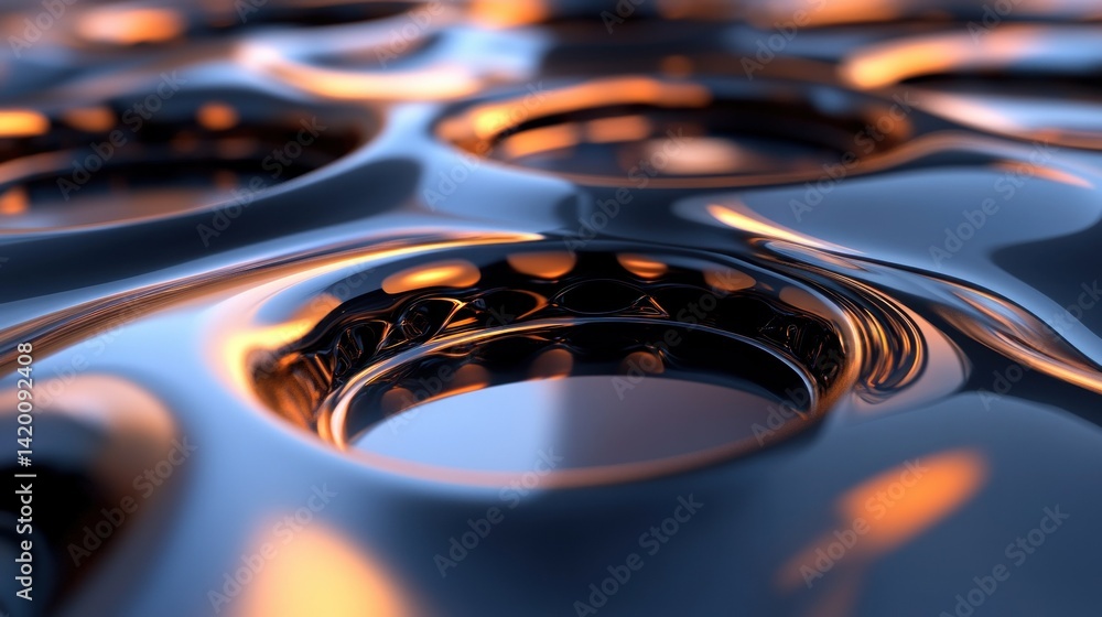 Poster metallic glossy surface with many circular indentations and reflections