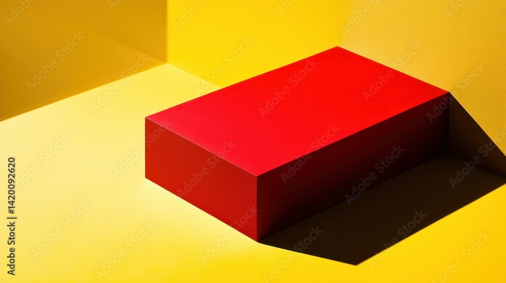 Poster a bright red rectangular object is on a yellow background