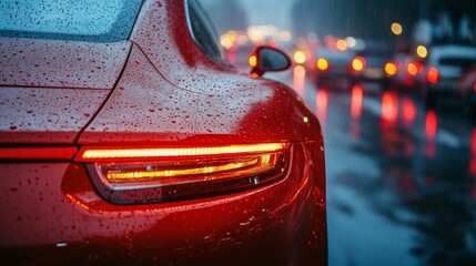 At night, a red car is depicted with water droplets and steam visible, set against a backdrop of blurred lights