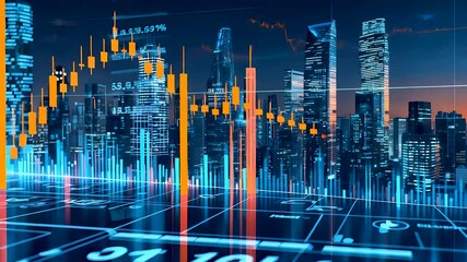Futuristic glowing financial city skyline with animated digital data stock graph - Powered by Adobe
