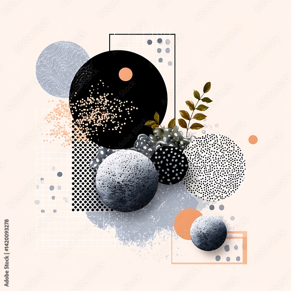 Poster elegant composition of spheres and textural forms in a pale artistic abstract design.
