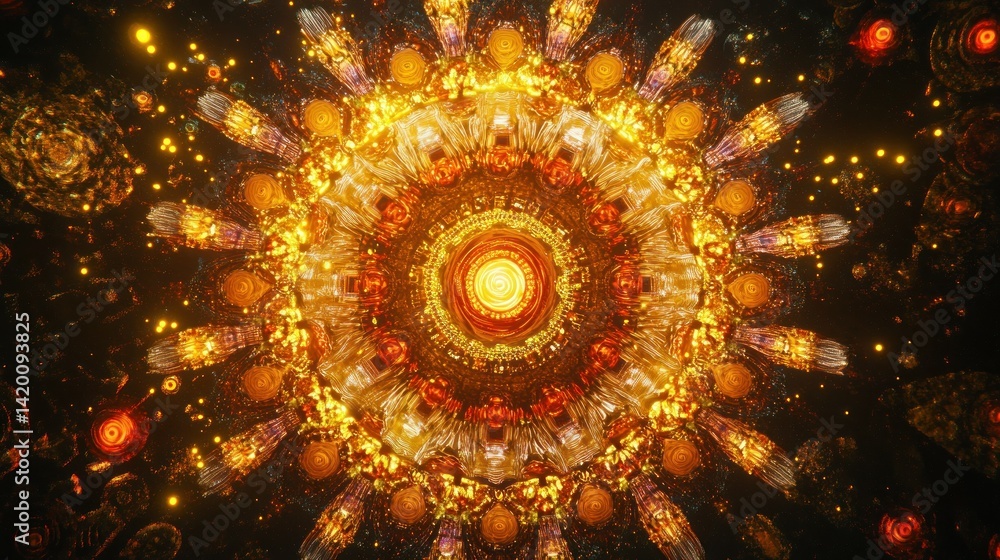 Poster a radiant and symmetrical abstract composition with fractal elements