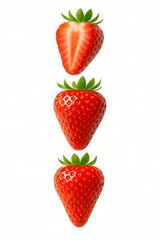 Three fresh strawberries including one sliced in half. Isolated on white background. Concept of healthy fruit, summer, organic food, freshness, and nutrition.