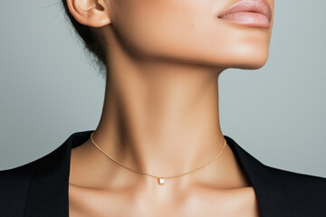 A close-up image of a woman wearing a simple yet elegant gold necklace, highlighting sophistication and minimalist jewelry design often seen in fashion and luxury accessories.