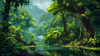 A lush jungle scene with dense vegetation and a calm river flowing through the landscape art .
