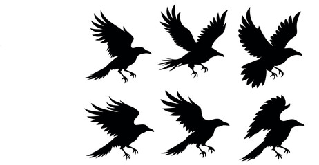 Obraz premium Silhouette Crow Vector Set – Black Bird Clipart Designs for Tattoos, Logos, and Art