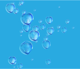 Transparent blue soap bubbles of various sizes float upwards against a bright blue background. The spherical shapes reflect light, creating highlights and a sense of buoyancy and cleanliness.