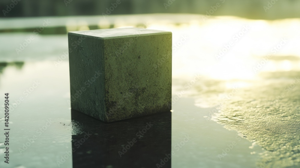 Aufkleber a singular weathered cubic block standing in a reflecting water surface