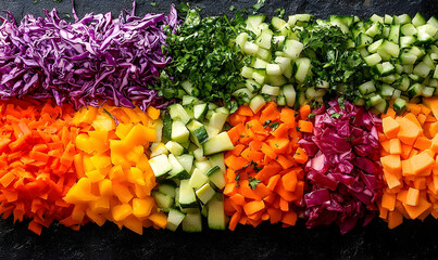 Colorful chopped vegetables display