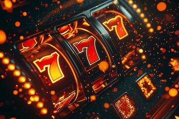 Obraz premium Close-up view of a slot machine showing triple sevens jackpot symbols. Vibrant and detailed image of a slot machine in casino featuring winning jackpot spin.