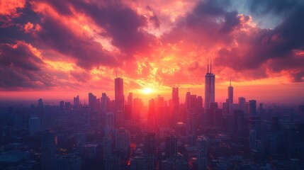 Chicago skyline sunset with dramatic clouds