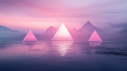 Three Illuminated Pyramids Floating on Water Before Mountain Range