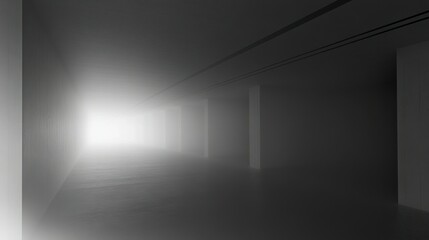 A long corridor is shrouded in dense fog and bright light
