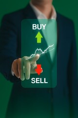 Businessman touching a futuristic transparent screen with "Buy" and "Sell" options and stock market chart. Concept of trading, investing, and finance decisions.