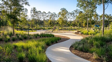 This serene park scene with a winding path, benches, and playground suits urban planning, family-friendly ads, or mental health campaigns. 