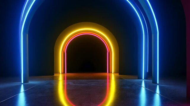 Neon Light Arches Create A Futuristic Tunnel With Purple Blue And Yellow Colors In A Dark Environment