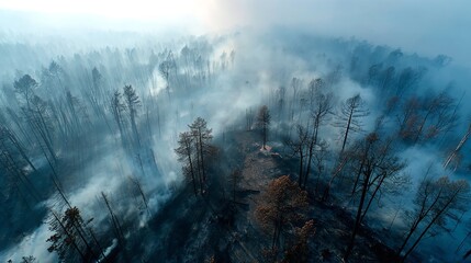 Woodland from above following a fire. Bare tree trunks and burned earth rise through the smoky veil. Deforestation and wildfire damage. Generative Ai