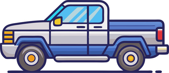 Blue pickup truck with clean lines and minimal cartoon shading, Vehicle Cartoon Vector Icon: Illustration of Technology and Transportation. Flat vector illustration.