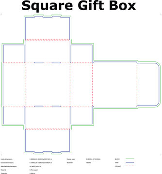 Square gift box packaging template layout diecut with bleed trim and crease lines