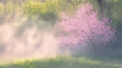 Obraz na płótnie Canvas A dreamy landscape displaying trees grass and soft atmospheric fog