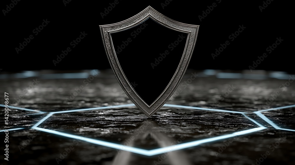 Poster elegant ornamental shield emblem on textured surface with hexagonal neon pattern background