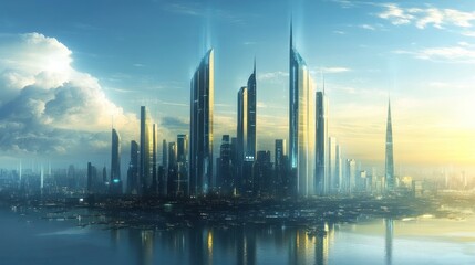 Fototapeta premium Futuristic cityscape with towering skyscrapers at sunset