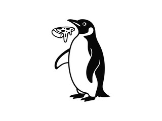 Naklejka premium Penguin Eating Pizza Cute Vector Silhouette 