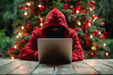 Mysterious figure typing on laptop by a christmas tree indoor photography cozy environment close-up cyber intrigue