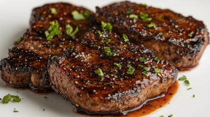 Flavorful steak coated in black pepper sauce, garnished with fresh herbs for contrast