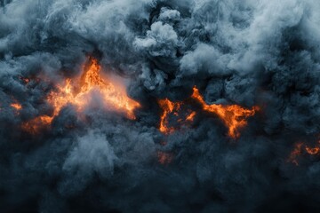 Volcanic eruption, fiery plumes amidst dark smoke.
