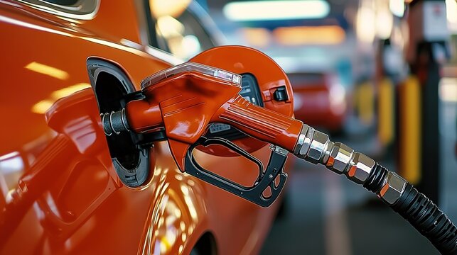 This image of an orange car refueling at a gas station highlights daily transportation logistics. Applicable to automotive blogs, energy industry ads, or driver education