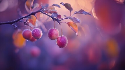 Red berries hanging from a branch with colorful leaves in sunlight