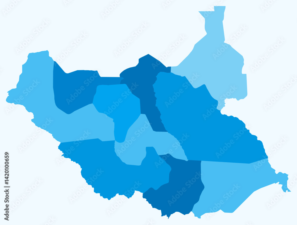Aufkleber map of south sudan with regions. just a simple country border map with region division. light blue c