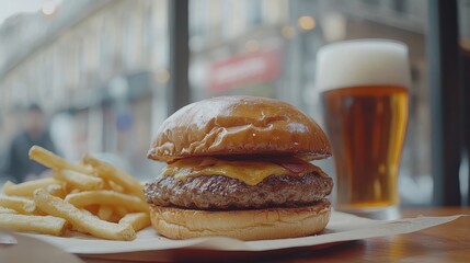 On a wooden table in a restaurant setting, a close-up view shows a hamburger, french fries, and a beer