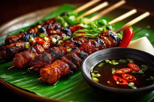 Charred isaw glistens with glaze on banana leaf beside spiced vinegar