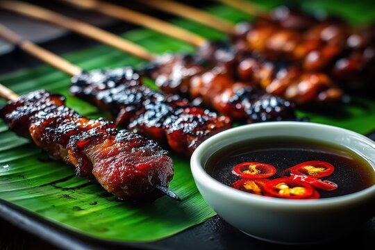 Charred isaw glistens with glaze on banana leaf beside spiced vinegar
