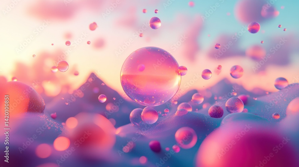 Poster abstract landscape of spheres floating with a colorful gradient