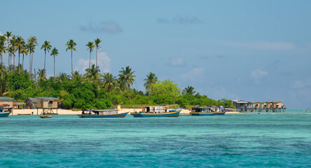 Malaysia. Coconut palms in the village of sea gypsies on numerous reef islands near the island of Borneo near the town of Semporna.