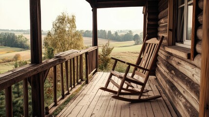 Rustic porch, rocking chair, scenic view.