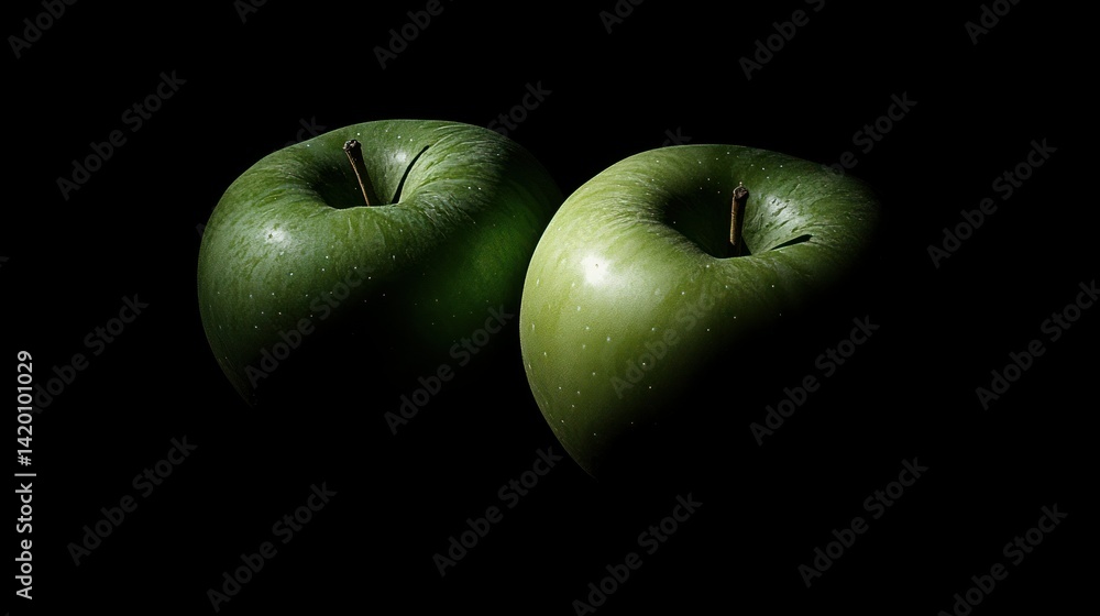 Poster two green apples placed on a dark black background showing them